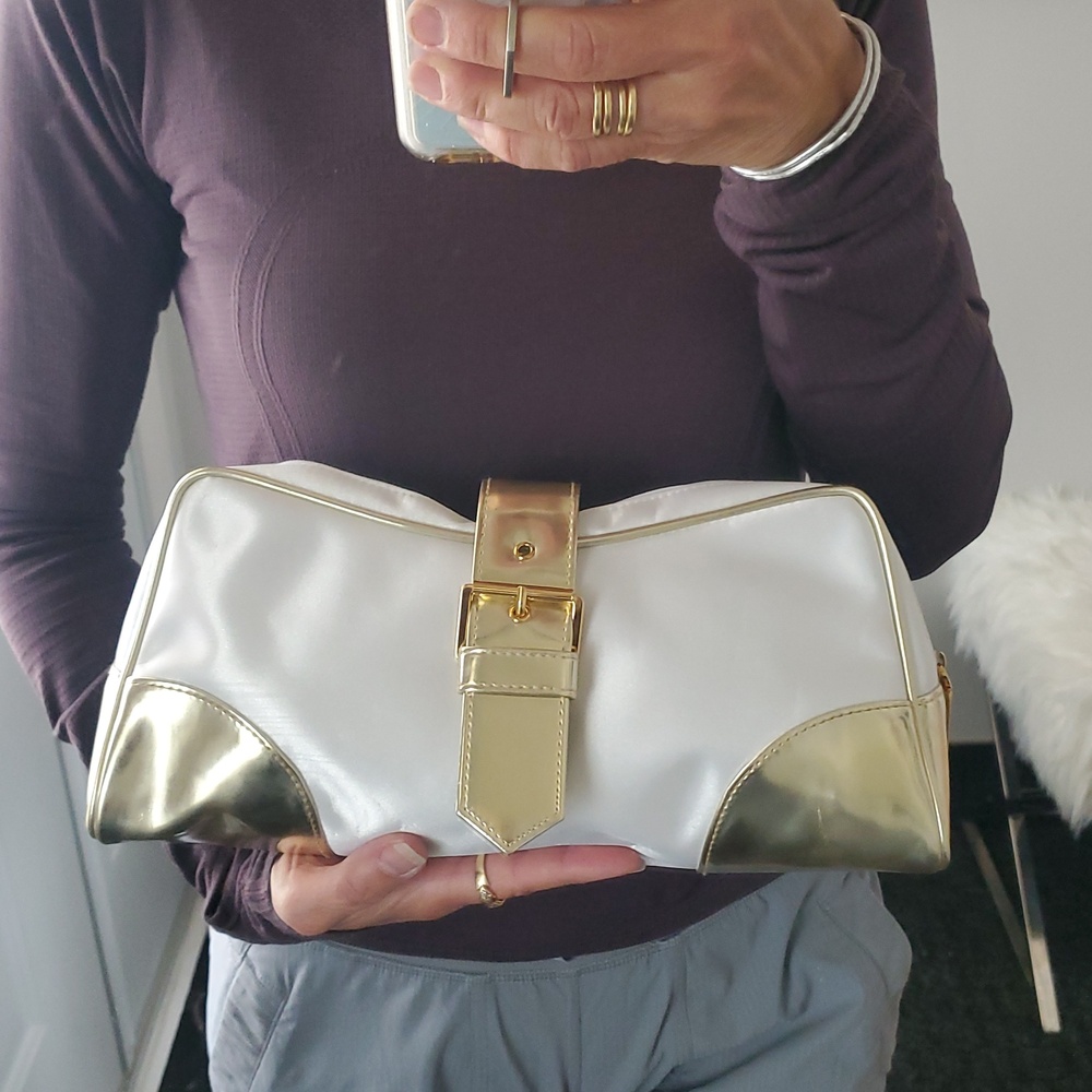 Dior Large Cosmetic Clutch Bag White Satin & Gold Patent Leather With Buckle